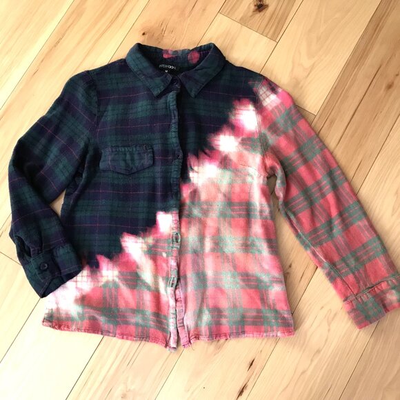 Upcycled Bleached Flannel Shirt, Juniors Medium: Cropped Style Distressed Top - Picture 6 of 9